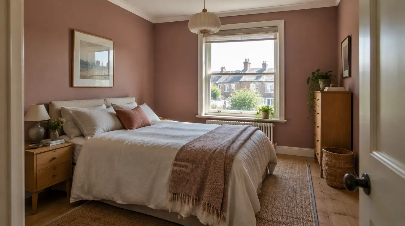 AI-generated East London bedroom inspiration with dusty pink walls, white trim and a timber chest of drawers.