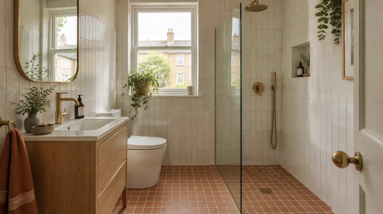 AI-generated East London bathroom inspiration with cream wall tiles, terracotta floor tiles and an oak vanity.