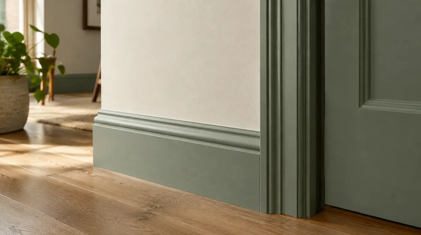 AI-generated Walthamstow decorating inspiration: close-up of an ivory wall with sage green door frame and skirting.