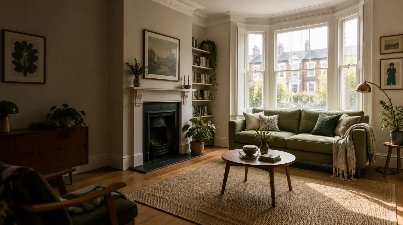 AI-generated Walthamstow home inspiration: ivory living room with a sage sofa, bay window and period fireplace.